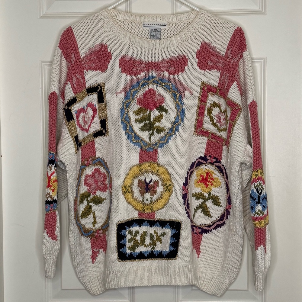 Vintage Sweater Floral Bow Coquette Girl Ramie Cotton Size Medium Pink White